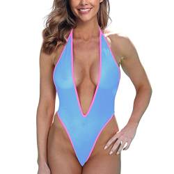 SHERRYLO Durchsichtiger einteiliger Tanga-Badeanzug für Frauen, sexy tiefer Monokini, hoher Schnitt, Netz-Dessous, Blau/Pink, Small-Medium von SHERRYLO