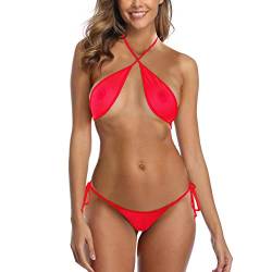 SHERRYLO Fischnetz-Bikini, durchsichtig, Mini-Mikro-Bikini, Wickel-Oberteil, brasilianischer G-String, Tanga-Unterteil, schmale Badeanzüge, Rot/Ausflug, einfarbig (Getaway Solids), Einheitsgröße von SHERRYLO