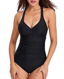 SHESHY Damen Badeanzug Tiefes V Ausschnitt Einteilige Bademode Swimsuit Raffung Bauchweg Figurformend Schlankheits Strandmode Schwimmanzug S-XXL von SHESHY