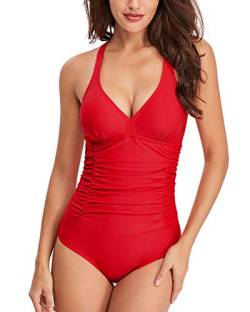 SHESHY Damen Badeanzug - Tiefes V Ausschnitt Einteilige Bademode Swimsuit - Raffung Bauchweg Figurformend Schlankheits Strandmode Schwimmanzug S-XXL von SHESHY