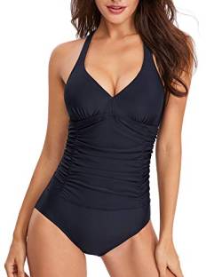 SHESHY Damen Badeanzug - Tiefes V Ausschnitt Einteilige Bademode Swimsuit - Raffung Bauchweg Figurformend Schlankheits Strandmode Schwimmanzug S-XXL von SHESHY