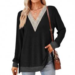 SHEYOW Damen Langarm Pullover Shirts V-Ausschnitt Tunika Lässige Tops Weich Lose Langarmshirt Streetwear (L, Schwarz) von SHEYOW