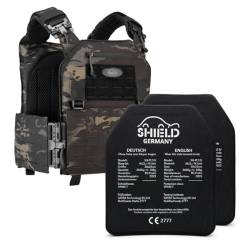 SHIELD Germany® SK4 / NIJ IV Plattenträger Weste Multicam/Schwarz - mit oder ohne 2X SK4 Platte Taktische Schutzweste, schusssichere Weste (SK4 / NIJ IV (nach BSW7 Zertifiziert)) von SHIELD Germany