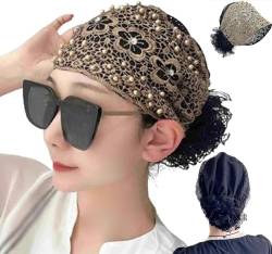 Damen Floral Lace Headwrap Pearl Encrusted Floral Lace Stirnband High Elastic Mesh Headwrap Frühling Sommer Elegant Haarschmuck (Braun) von SHIJIAN