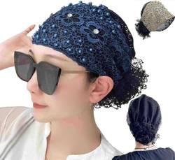 Damen Floral Lace Headwrap Perlen Encrusted Floral Lace Stirnband High Elastic Mesh Headwrap Frühling Sommer Elegant Haarschmuck (Blau) von SHIJIAN