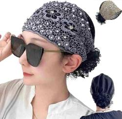 Damen Kopfband mit floralem Spitzenmuster, mit Perlen besetzt, florales Spitzen-Stirnband, hochelastisches Netz-Headwrap für Frühling, Sommer, elegantes Haar-Accessoire (grau) von SHIJIAN