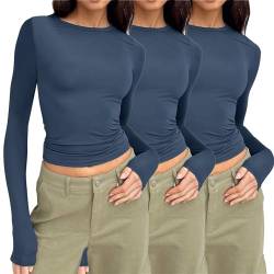 3er Pack Langarmshirt Slim Fit Damen Y2K Oberteile Langarm Shirts Rundhals Cropped Tee Einfarbig Basic Crop Tops Casual Athletisches Top Teenager Streetwear Damen T-Shirt Crop Top von SHINEHUA