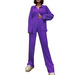 Damen Plissee Zweiteiler Outfit Elegant 2 Teiler Hosenanzug Set Frauen Langarmshirt High Waist Freizeithose Outfits Sommer Herbst Loungewear Streetwear Damen Sommer Plissee Set (A-Purple, XL) von SHINEHUA