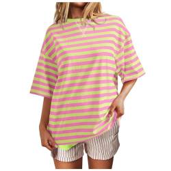 SHINEHUA Damen Oversized Sweatshirt Gestreift Color Block Rundhals Langarmshirt Striped Long Sleeve Lässig Lose Pullover Shirt Casual Oberteile Tops Oversized Rundhals Pullover (B-Pink, XL) von SHINEHUA