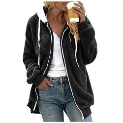 SHINEHUA Damen Teddy Fleecejacke mit Kapuze Warme Flauschjacke Kapuzenjacke Winter Warm Mantel Casual Zip Hoodie Plüschjacke Comfy Softjacket Bequeme stilvolle Winterjacke (3XL, A-Schwarz) von SHINEHUA