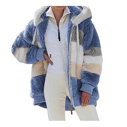 SHINEHUA Damen Teddy Fleecejacke mit Kapuze Warme Flauschjacke Kapuzenjacke Winter Warm Mantel Casual Zip Hoodie Plüschjacke Comfy Softjacket Bequeme stilvolle Winterjacke (Blau, 4XL) von SHINEHUA