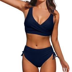 SHINEHUA Damen Zweiteiliger Badeanzug V Ausschnitt überkreuztes Blumenmuster Bikini Bauchkontrolle Bikini Sets Damen Bikini Set Wickeloptik Lace Up Bikini (W2-Dark Blue, L) von SHINEHUA