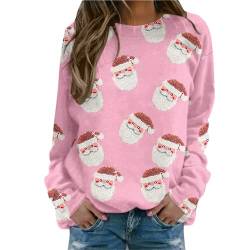 Weihnachtspullover Damen Sweatshirt Rundhals Langarm Weihnachten Pullover Casual Christmas Sweat Oberteile Merry Christmas Sweatshirt Weihnachtspulli Teenager Mädchen Pulli Tops (W3-Pink, XL) von SHINEHUA