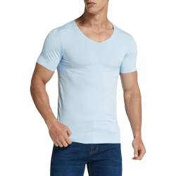 Herren-T-Shirt mit V-Ausschnitt, leichtes Sport-T-Shirt für Herren, Sommer, einfarbig, nahtlos, Eisseide, kurze Ärmel, weich, atmungsaktiv, hellblau, XL von SHINROAD