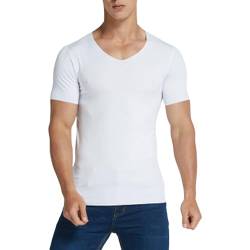 Herren-T-Shirt mit V-Ausschnitt, leichtes Sport-T-Shirt für Herren, Sommer, einfarbig, nahtlos, Eisseide, kurze Ärmel, weich, atmungsaktiv, weiß, XL von SHINROAD