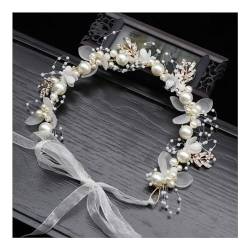 Perlenverzierter Girlande, Kopfschmuck, Boho-Blumen-Stirnband mit Bandverschluss, Kinderverschluss, künstliche Blumen-Dekoration, Kunstperlen, Weiß von SHINROAD
