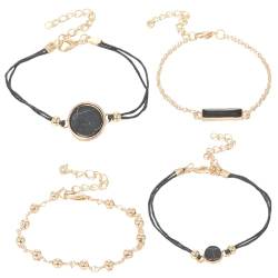 SHINROAD Damen-Armband-Set, kontrastfarbener Armreif, 4-teilig, schwarzer Stein, verstellbare Länge, Legierung, Karabinerverschluss, Retro-Stil für Handgelenk, Metalllegierung, Sekundärer Stein von SHINROAD