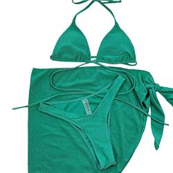 SHINROAD Damen Bikini Badeanzug Set Sexy Spaghettiträger Einfarbig Damen Badeanzug mit Rock Strand Grün L von SHINROAD