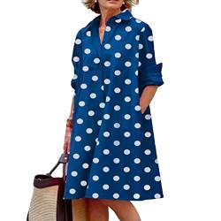 SHINROAD Damen Hemdkleid Revers V Ausschnitt Taschen Herbstkleid Langarm Punktdruck Einfach Lose Hemdkleid Kleidung Blau L von SHINROAD
