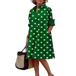 SHINROAD Damen Hemdkleid Revers V Ausschnitt Taschen Herbstkleid Langarm Punktdruck Einfach Lose Hemdkleid Kleidung Grün L von SHINROAD