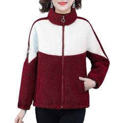 SHINROAD Farbblockierende Jacke für Damen, Winter, Herbst, Colorblock, Plüsch, weicher Stehkragen, Mantel, warm, gemütlich, Oberbekleidung mit Reißverschluss, warmer Mantel, rot, XL von SHINROAD