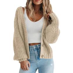 SHINROAD Frauen Strickjacke Pullover Grobstrick Herbst Winter Offene Vorderseite Knopfverschluss Einreiher Einfarbig Lose Kurze Oberbekleidung Mantel, aprikose, M von SHINROAD