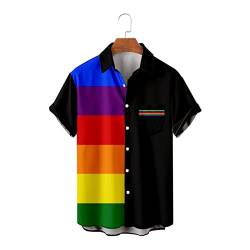 SHINROAD Herren Regenbogen Knopf Hemd Sommer Hell Umlegekragen Kurze Ärmel Knöpfe Plus Strandhemd Top Kleidung Schwarz 2XL von SHINROAD