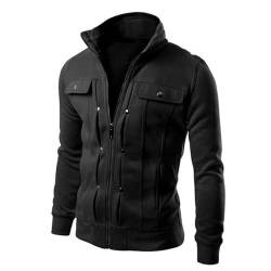 SHINROAD Modische Männer Oberbekleidung Männer Frühling Herbst Jacke mit Knöpfen Reißverschluss Verschluss Stehkragen Langarm Casual Oberbekleidung Einfarbig Männer Jacke, Schwarz , L von SHINROAD