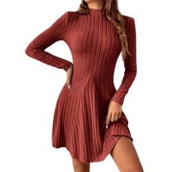 SHINROAD Taille Abnehmen Kleid Herbst Winter Einfarbig frauen stricken halber hoher Kragen Langarm Slim Fit Lose Saum gerippt, ziegelrot, S von SHINROAD