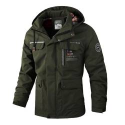 SHINROAD Warme Herren-Jacke, wasserdicht, Windjacke mit Reißverschluss, Knöpfe, Knopfleiste, Revers mit Kapuze, langärmelig, mehrere Taschen, lässig, vielseitig, Outdoor-Mantel, armee-grün, L von SHINROAD