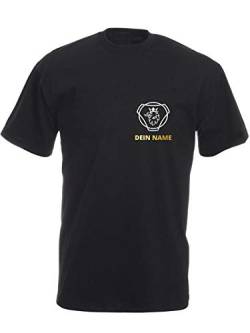 Unisex Trucker Kurzarm Shirt schwarz mit Gold-weißem Aufdruck Scania Greif Lenkrad Größe L und deinem individuellem Namen als Brustdruck von SHIRT-TO-GO