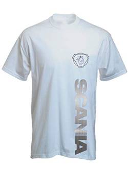 Unisex Trucker Kurzarm Shirt weiß mit silbernem Aufdruck Scania Logo und Schriftzug Größe L von SHIRT-TO-GO