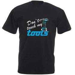 schwarzes Fun Shirt mit Aufdruck „Dont Touch My Tools“ als Geschenkidee für Heimwerker und Bauarbeiter von SHIRT-TO-GO