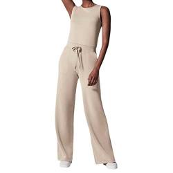 Air Essentials Jumpsuit Damen Elegant Casual Ärmelloser Einfarbiger Jumpsuits für Damen Mit Weitem Bein Rundhals Ausschnitt Jumpsuit Mit Taschen Elastischer Hohen Taille Kordelzug Romper Overall Damen von SHITOUJI