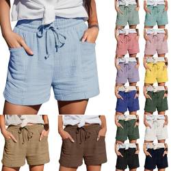 Kurze Hose Damen Shorts Sommer Mode Lässige Musselin Hose mit Hoher Taille Gerades Bein Sport Lässige Lockere Shorts mit Kordelzug mit Taschen Gummiband Bequem Freizeit Shorts Elastische Stoffhose von SHITOUJI