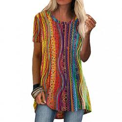 SHITOUJI Longbluse Damen Kurzarm Rundhals Locker Tunika Tops Long Shirt Mode Bunte Drucken Lose Lang Bluse Hemdbluse Baumwoll Tee Mode Frühling Sommer Damenbluse Oversize von SHITOUJI