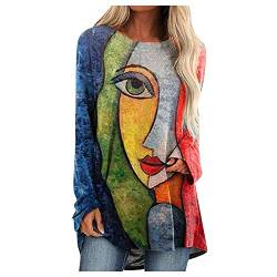 SHITOUJI Longbluse Damen Kurzarm Rundhals Locker Tunika Tops Long Shirt Mode Bunte Drucken Lose Lang Bluse Hemdbluse Baumwoll Tee Mode Frühling Sommer Damenbluse Oversize von SHITOUJI