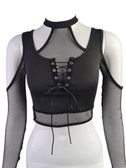 SHIYAN AltGoth Gothic Mesh T-Shirt Frauen Vintage Streetwear Punk Ästhetische Schnürung Patchwork Tee Tops Y2k Offene Schulter Emo Alt Kleidung - Schwarz, L von SHIYAN