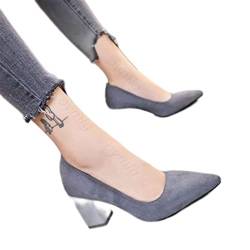 SHIYAN Damen-Pumps mit Beflockung, süß, klobig, High Heels, feminin, für Büro, spitzes Kleid, Arbeitspumps, niedliche Schuhe, Damenschuhe, dunkelgrau, 37 von SHIYAN