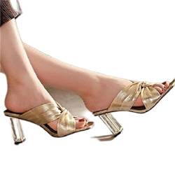 Sommer neue große Größe Damenschuhe quadratische Zehenpartie High Heels offene Zehenpartie transparente Absatz Sandalen Cross Sandalen und Hausschuhe Damen - Gold, 37 von SHIYAN