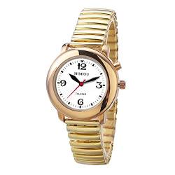 SHMIOU Sprechende Armbanduhr für Damen Gold Französisch Armbanduhr Armband Female Talking Uhr Quarz mit ausziehbarem Armband aus Edelstahl von SHMIOU