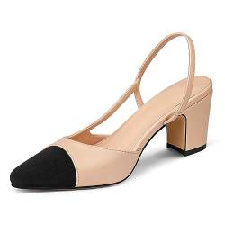 Shoexy Slingbacks Heels für Frauen Zweifarbige Schuhe Block Heels Casual Hochzeit Kleid Schuhe, Klassisch Nude-Schwarz gemischt, 38 EU von SHOEXY