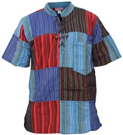 SHOPOHOLIC FASHION Herren Kurzärmel Patch Hippie Großvater Shirt - Streifen Patchwork, 4XL von SHOPOHOLIC FASHION