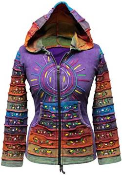 SHOPOHOLIC FASHION Säuregewaschene Hippie-Jacke mit mehrfarbigen Patchwork-Regenbogenstreifenärmeln, XL, Purple von SHOPOHOLIC FASHION