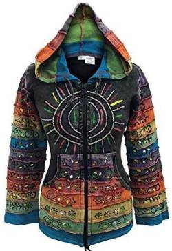 SHOPOHOLIC FASHION Säuregewaschene Hippie-Jacke mit mehrfarbigen Patchwork-Regenbogenstreifenärmeln (Black, L) von SHOPOHOLIC FASHION