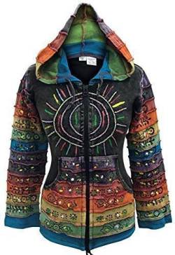 SHOPOHOLIC FASHION Säuregewaschene Hippie-Jacke mit mehrfarbigen Patchwork-Regenbogenstreifenärmeln (Black, S) von SHOPOHOLIC FASHION