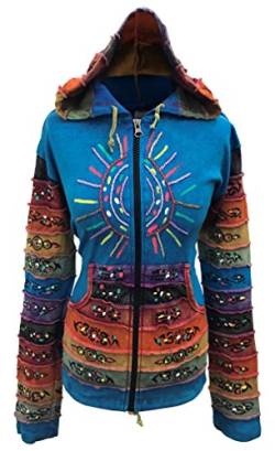 SHOPOHOLIC FASHION Säuregewaschene Hippie-Jacke mit mehrfarbigen Patchwork-Regenbogenstreifenärmeln (Turquoise, L) von SHOPOHOLIC FASHION