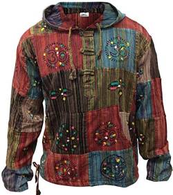 SHOPOHOLIC FASHION Stonewashed Streifen Patchwork Hippie Kapuze Großvater Shirt - Multi, Multi, XXL von SHOPOHOLIC FASHION