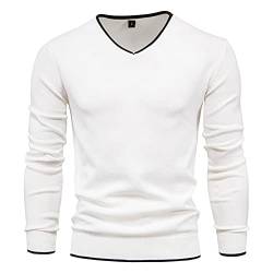 SHOUJIQQ Herren Pullover V-Ausschnitt Pullover - Winter Einfarbig Langarm Slim Jumper, Lässige Übergröße Strickjacke Für Herren Bottoming Shirt Außenbekleidung Bekleidung,Weiß,Mittel von SHOUJIQQ