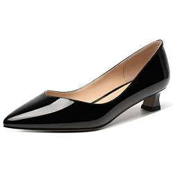 SHOWFOREST Damen Lackleder Business Festkörper Spitze Zehenkappe Sexy Low Heel Schnellverschluss Kitten 1.5 Inch Pumpe Schwarz Größe 40 von SHOWFOREST